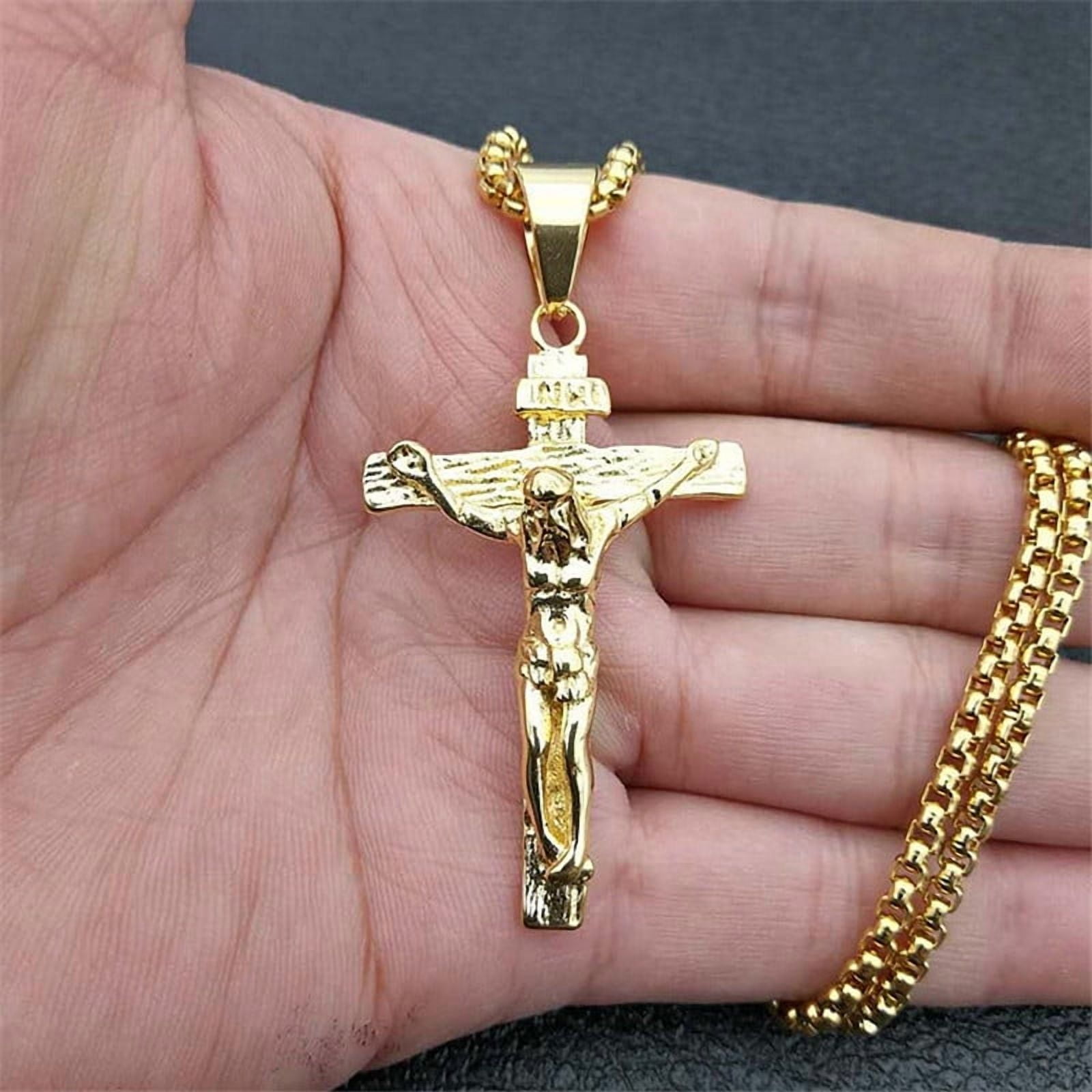 Men’s Crucifix Cross Pendant Necklace, 14K Gold Filled Jesus Christ Religious Christian Jewelry