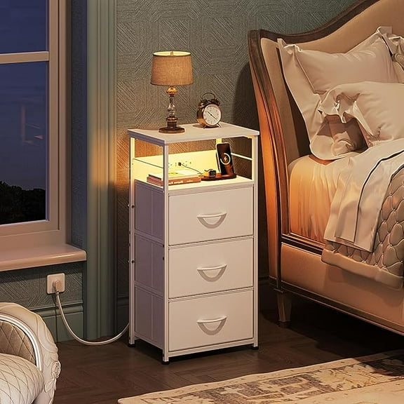 Nightstand Set of 2 with Charging Station, LED Bedside Table with 2 Drawers & 4 Shelves, Fabric Storage Dresser for Bedroom, Modern Night Stand with Bluetooth Lights, Rustic Brown
