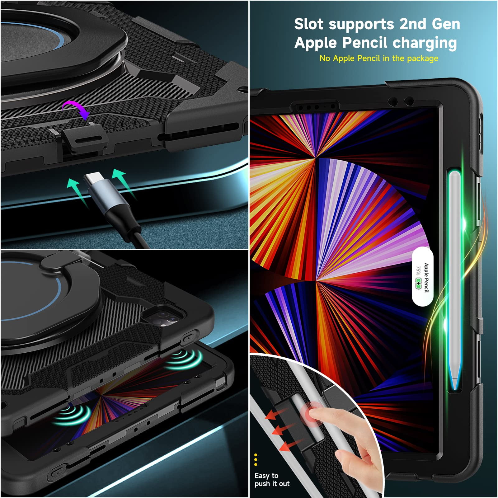 ROISKIN for iPad Pro 12.9 inch Case (6th/5th/4th/3rd generation)with Screen Protector for Kids, 360 Kickstand,Handle, Pencil Holder,Shoulder Strap Heavy Duty Rugged 12.9 iPad Case