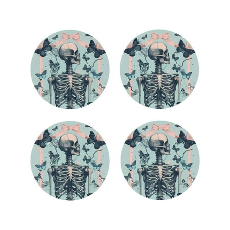 

Drink Coasters Set of 4 Butterflies Skull Bows Leather Coasters for Coffee Table Protector Heat Resistant Cute Coasters for Home Decor Housewarming Gifts Bar Kitchen 4 Inch Round Shape