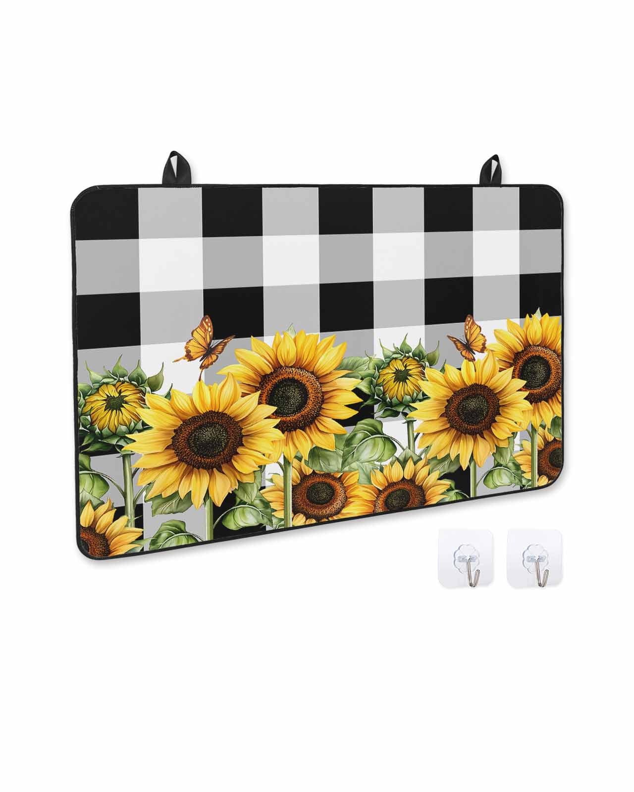 nqOlkjepod Large Induction Cooktop Protector Mat 24"x21", Sunflower Stove Top Covers for Electric Stove, Summer Botanical Floral Blooming Black Plaid Stove Burner Cover Mats, Glass Top Stove Cover