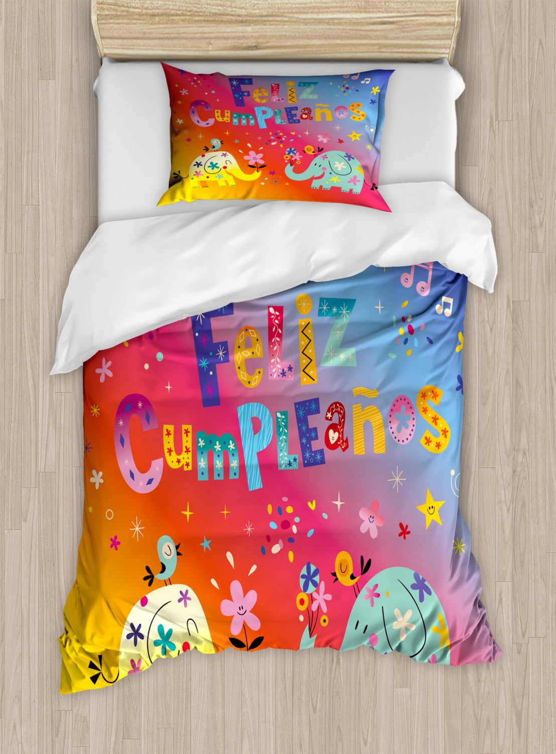 Spanish Duvet Cover Set Twin Size, Feliz Cumpleanos Happy Birthday