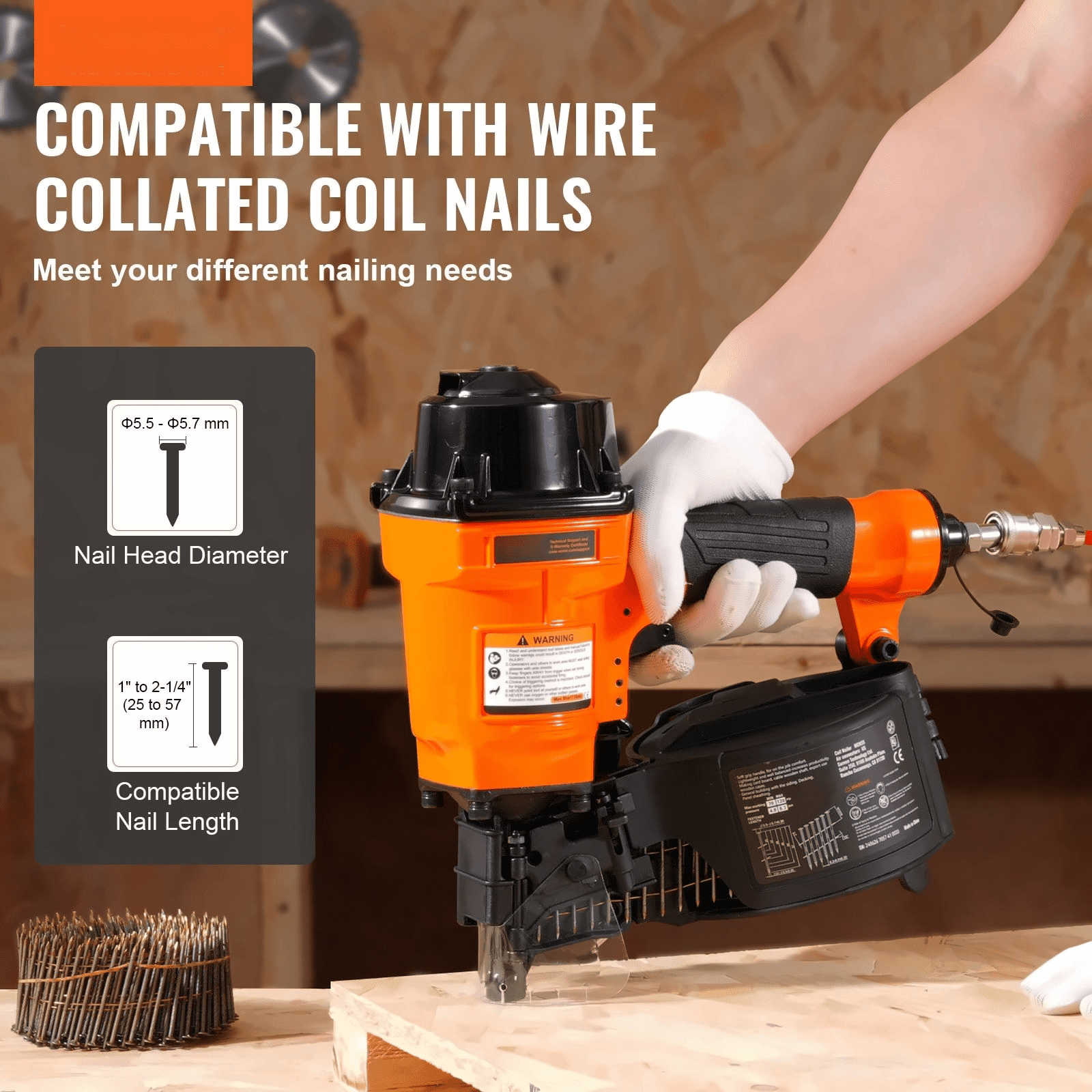 MCN55 Coil Nailer, 15 Degree Pneumatic Siding Nail Gun - 1 to 2-1/4 Inch - Wooden Pallet, Fence & Furniture Assembly - High Capacity 350 Nails