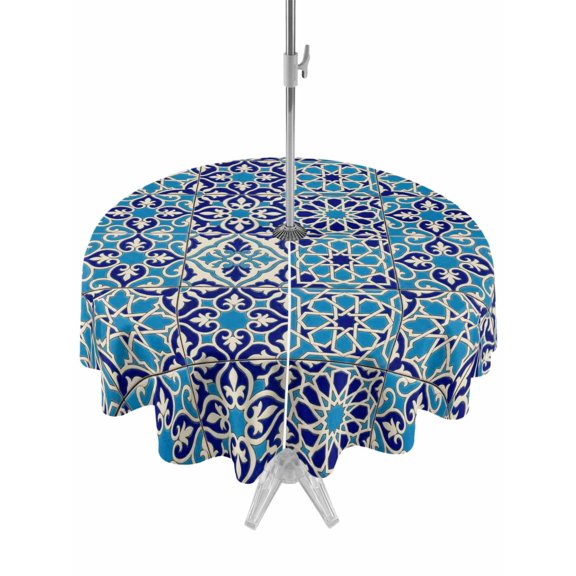 Outdoor Tablecloth with Umbrella Hole for Patio/Picnic/Party/Camping, Vintage Morocco Waterproof Table Cloth Round Cover Washable, Traditional Tribal Abstract Geometric Blue (Dia 60")