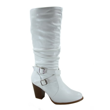

Safety-52 Women s Buckle Side Zipper Chunky Heel Mid Calf K Boots Shoes ( White 6.5)