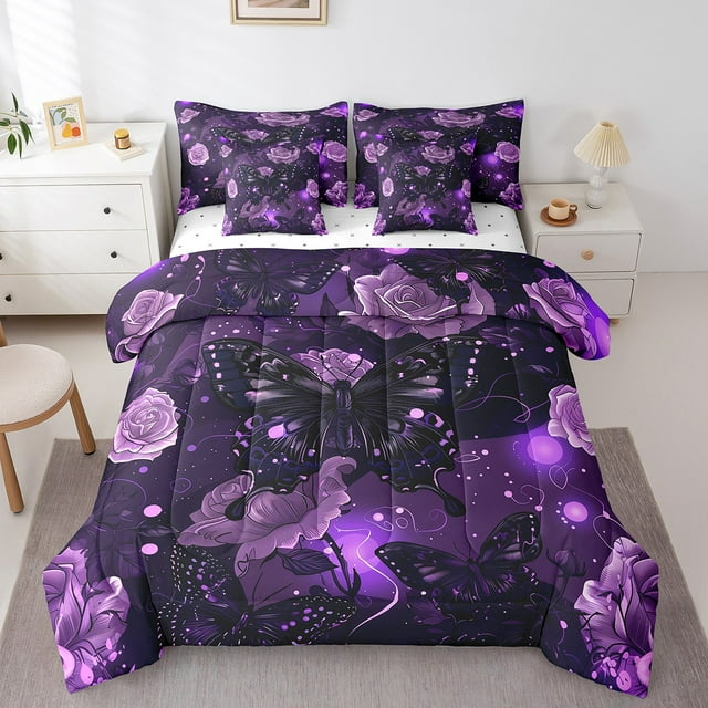 YST Black Butterfly Comforter Set, Girly Cute Animal Bedding Set, 7-Piece, King Size