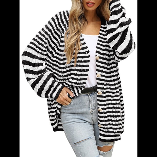Suéter A Rayas para Mujer, Abrigo Informal de Larga con Botones Abiertos, Cárdigan de Punto Holgado para Otoño. Negro XL