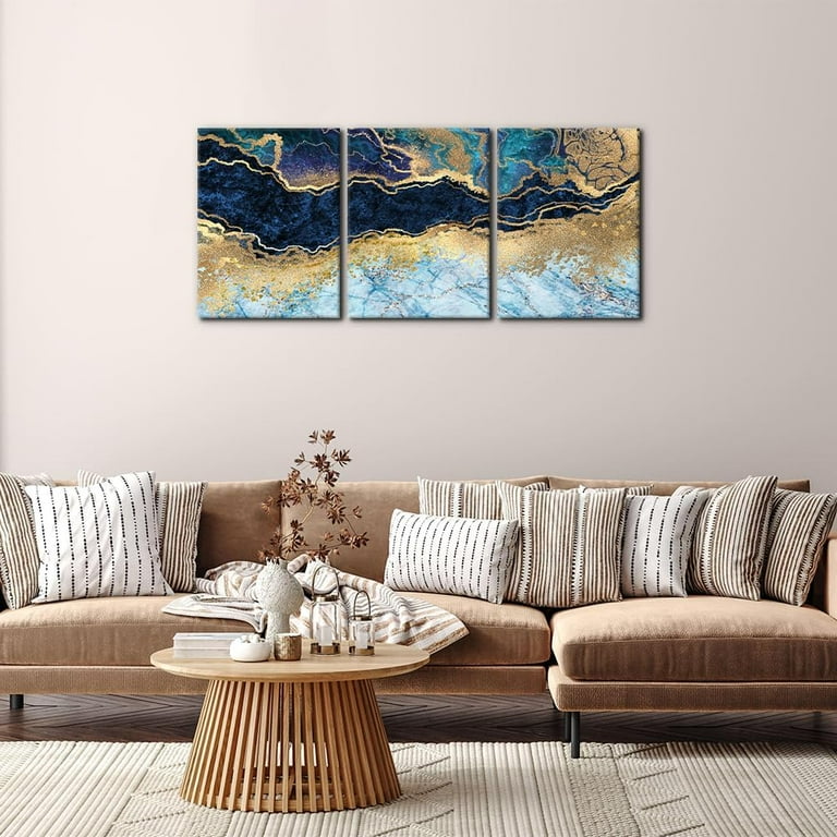Wall Art Set of 3 - Teal Gold Blue and White Marble Landscape