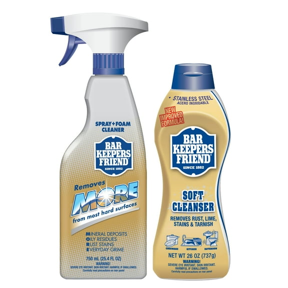 Bar Keepers Friend Soft Cleanser (26 oz) MORE Spray Foam (25.4 oz) Multipurpose Cleaner Bundle, Stain & Rust Remover for Multi Surface Bathroom, Kitchen & Outdoor Cleaning