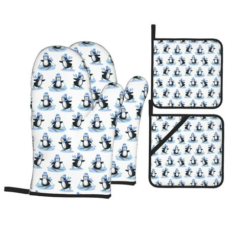 

Oven Mitts and Pot Holders 4 Piece Skiing Penguin Funny High Heat Slip Resistant Oven Mitt and Trivets Set Kitchen Oven Glove Pot Holders for Cooking Baking Grilling