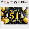 thumbnail image 3 of Black Background Happy 51 Birthday Banner with Gold Balloons Party Hats Stars and Fireworks Party Supplies Photography Props Birthday Party Decoration Backdrop Decor, 3 of 9