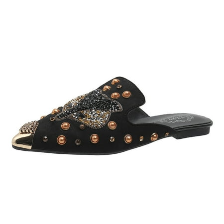 

Rhinestone Decor Close Toe Slide Sandals Point Toe Flat Slide Sandals