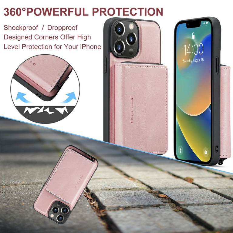 Dteck Wallet Case For iPhone 14 Pro,360 Protection Stylish Cute Spider  embossed Pattern PU Leather Flip Holder Shockproof Rugged Cover with  Detachable Wrist Strap.For iPhone 14 Pro,Pink 