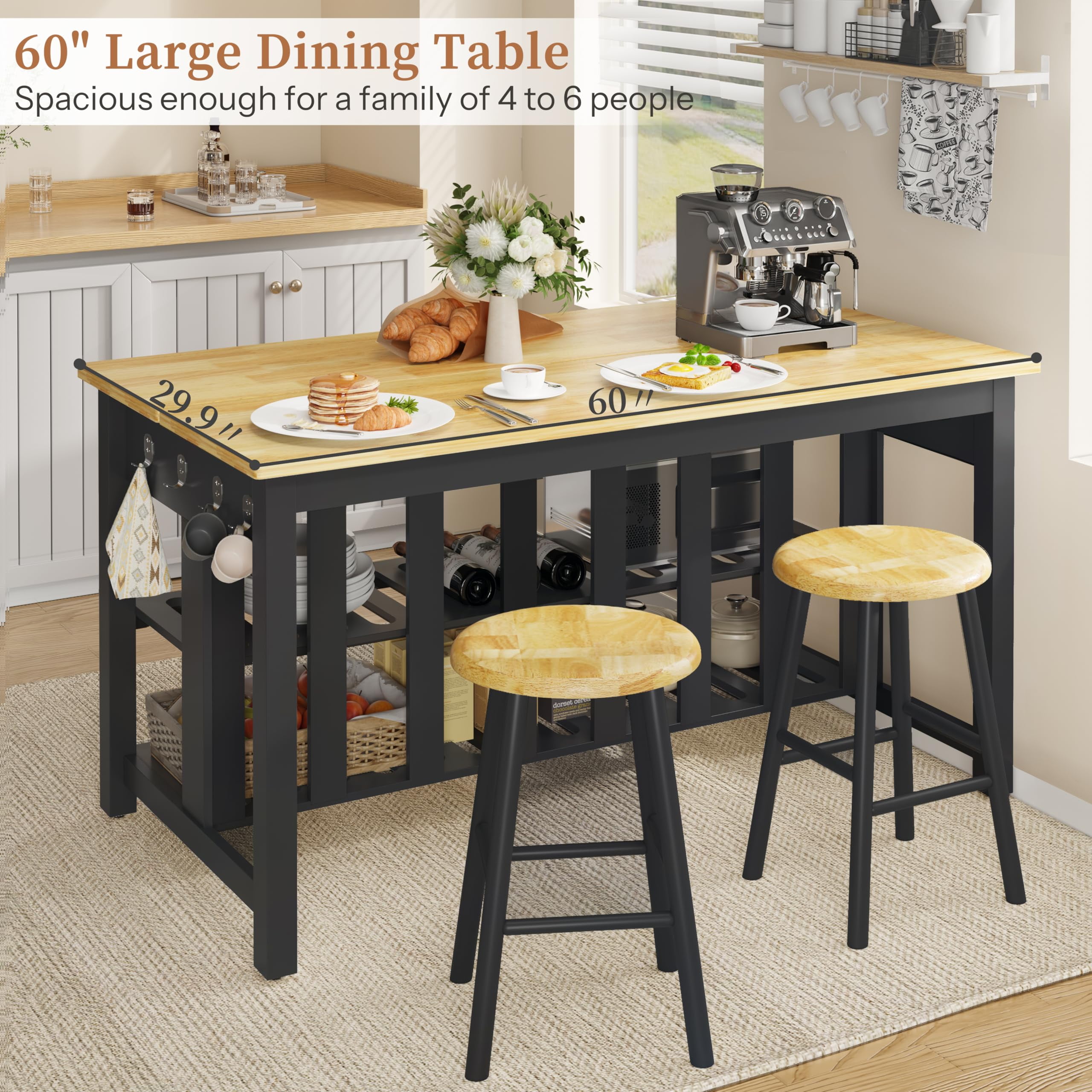 ChicZhiNest Kitchen Island with Storage, 60" Solid Rubberwood Top Kitchen Island with Power Outlet and 6 Hooks, Black