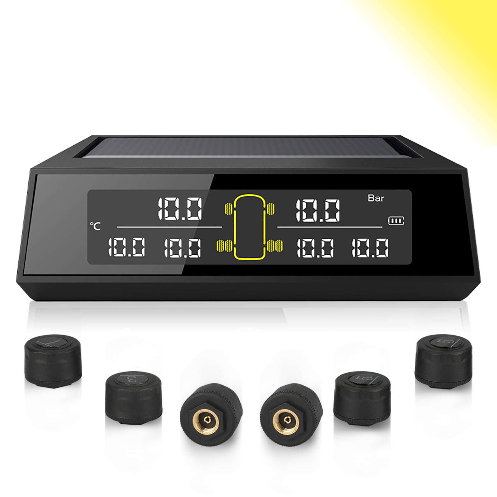 8 Bar Car TPMS Tyre Pressure System Solar Power LCD Display w//6 External Sensors