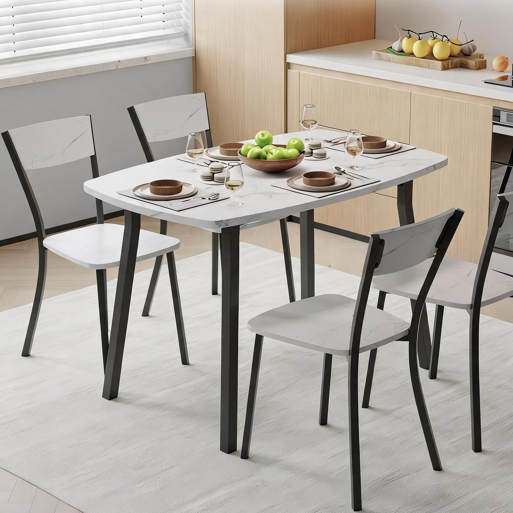 Marble White 5-Piece Dining Table Set with 4 Chairs Modern Kitchen Table Set with Unique Legs MDF and Metal Dining Furniture for Dining Room