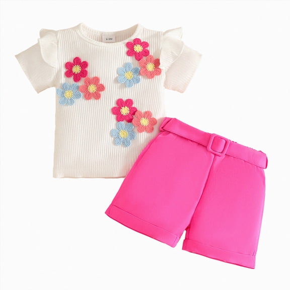KPOPLK 2 Piece Baby Girl Summer Clothes Short Sleeve Gingham Puff Sleeve with Elastic Waist Shorts Outfits Set 1t 2t 3t 4t 5t 6t(9-12 Months,Hot Pink)