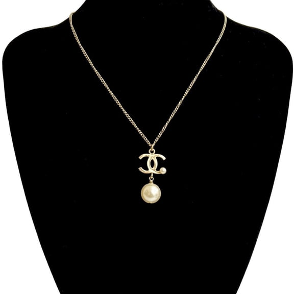 Pre-Owned CHANEL Coco Mark GP Faux Pearl Necklace Pendant Choker Gold 11421 (Good)