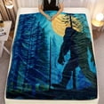 thumbnail image 5 of 1pc Bigfoot in Forest Nighttime Throw Blanket - Plush Flannel Bedspread with Sasquatch & Pine Tree Print, Deep Blue/Green/Navy, All-Season Couch or Bed Cover, Cryptid-Themed Gift for s &, 5 of 9