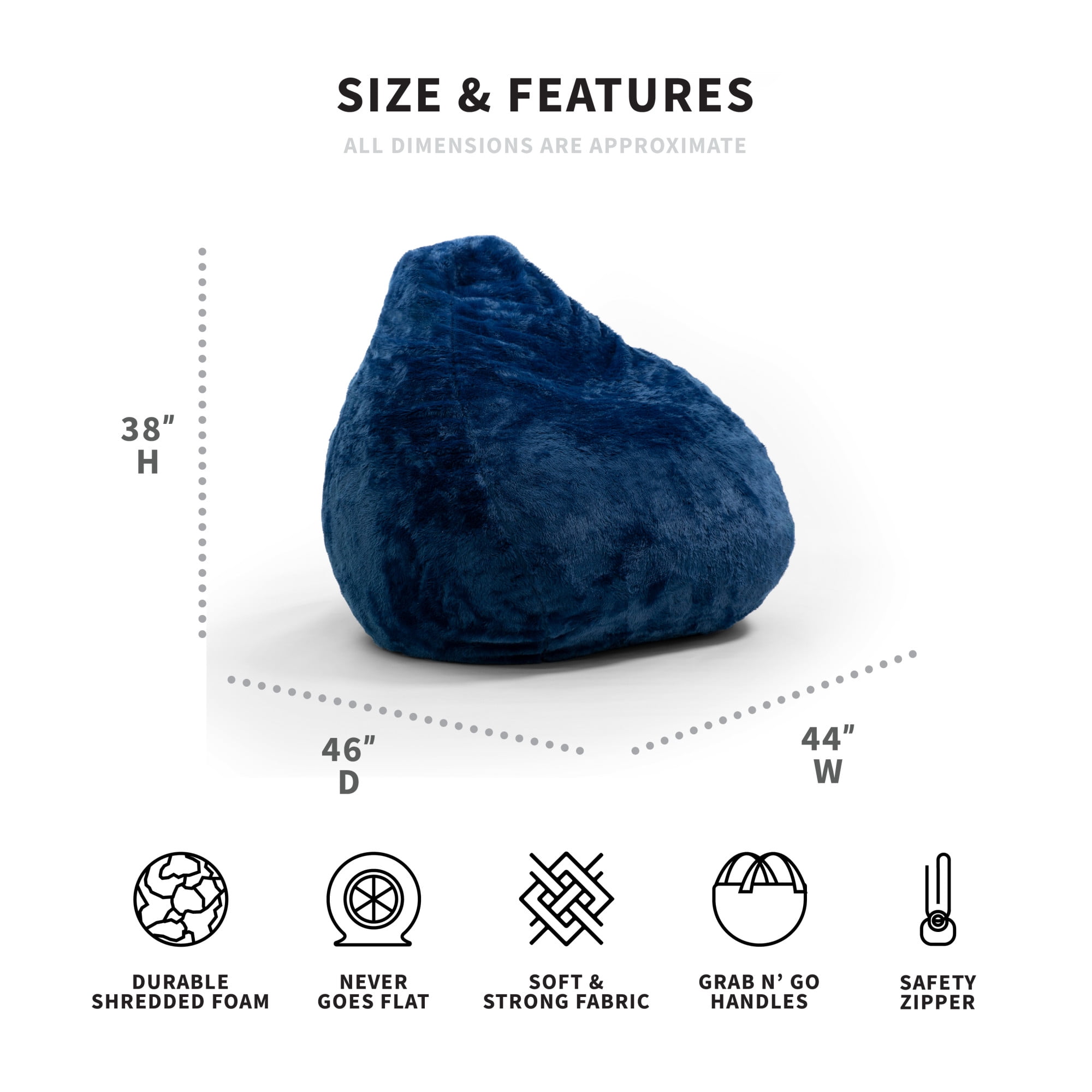 Big Joe Lotus Foam Filled Teardrop Bean Bag Chair with Removable Cover, Navy Short Shag, Soft Faux Fur, 4 feet Big