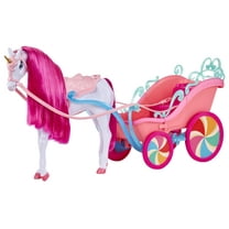 MGA's Dream Ella Candy Carriage and Unicorn, Pearlized White Unicorn Horse with Gold Glitter Horn, Bright Pink Mane, Pink Bridle, Reins, Saddle, Pink Carriage with Candy Glitter Railing