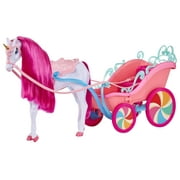 MGA's Dream Ella Candy Carriage and Unicorn, Pearlized White Unicorn Horse with Gold Glitter Horn, Bright Pink Mane, Pink Bridle, Reins, Saddle, Pink Carriage with Candy Glitter Railing