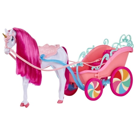 MGA's Dream Ella Candy Carriage and Unicorn, Pearlized White Unicorn Horse with Gold Glitter Horn, Bright Pink Mane, Pink Bridle, Reins, Saddle, Pink Carriage with Candy Glitter Railing