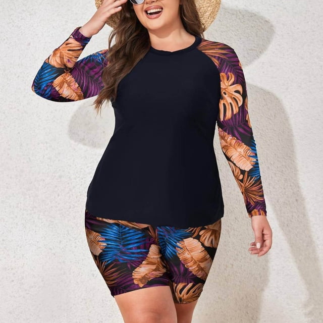 Karight Womens Plus Size Two Piece Rash Guard Swimsuit Set, Long Sleeve Tropical Floral Print Crew Neck Flowy Tummy Control Swimwear