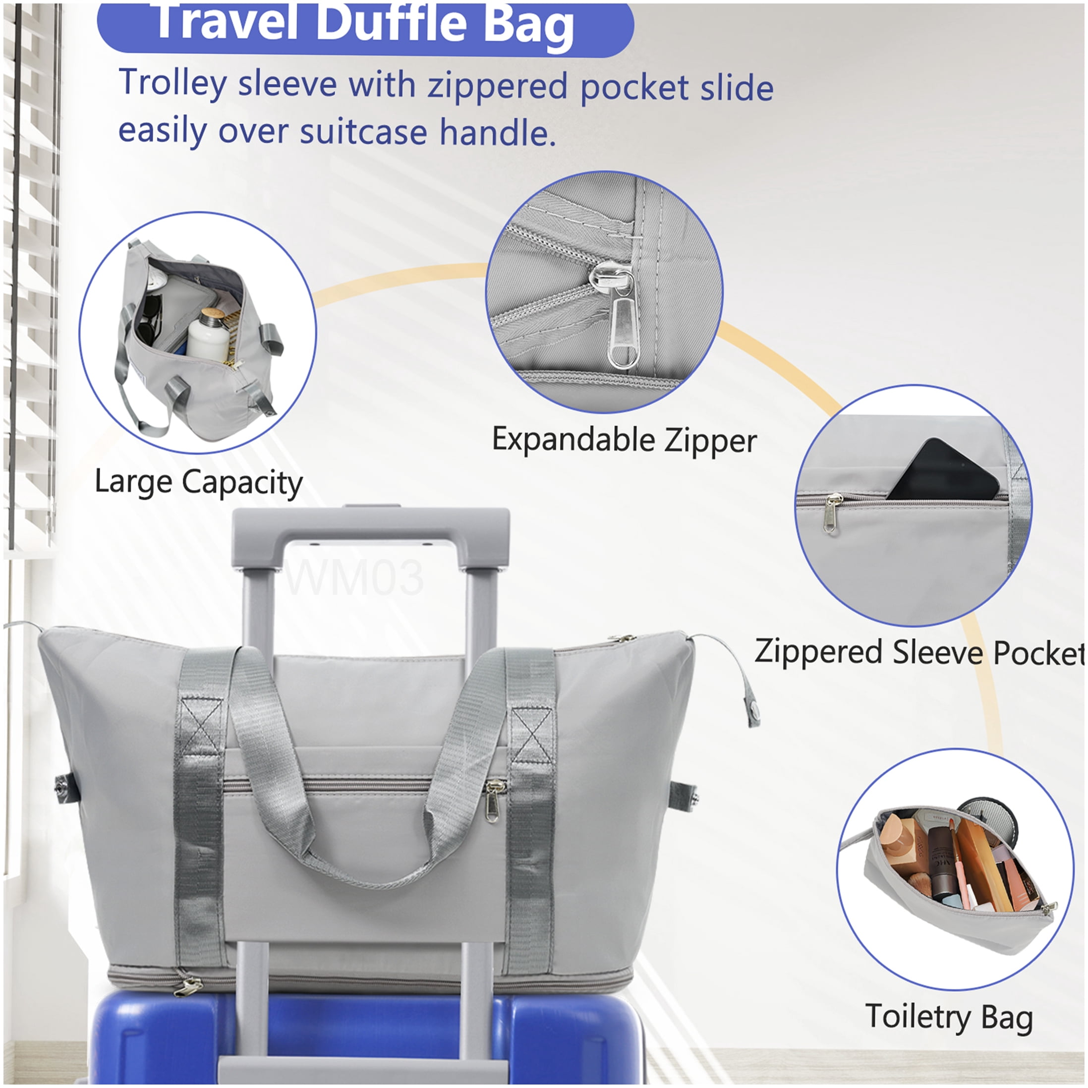 Lightweight 20 Inch Carry On Luggage 3 Piece Set, ABS Hardshell Spinner Suitcase with TSA Lock, Expandable Duffel Bag & Toiletry Bag for Weekend Travel, Blue