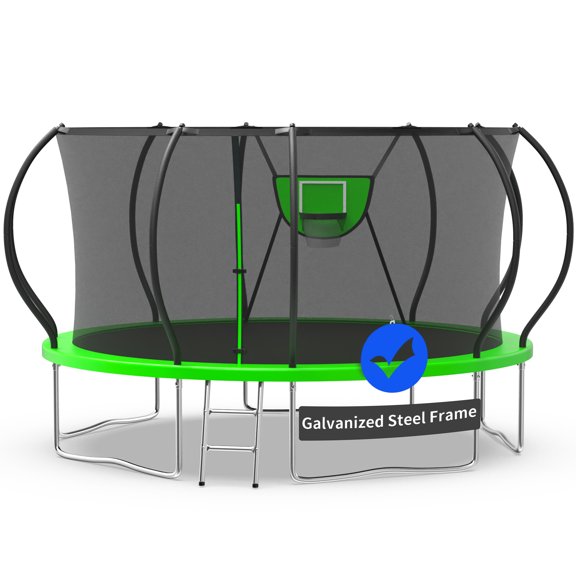 Kacho Trampoline, Trampoline with Enclosure Net 14FT 1400LBS Trampoline for 3-4 Kids and 2-3 Adults, Trampoline with Basketball Hoop and Ladder, Ball, Heavy Duty Outdoor Trampoline, Green