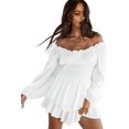 thumbnail image 2 of Vestido con volantes y hombros descubiertos, mameluco con cuello cuadrado y mangas abullonadas para mujer, vestido con vuelo de playa fluido en capas ahumadas, 2 of 5