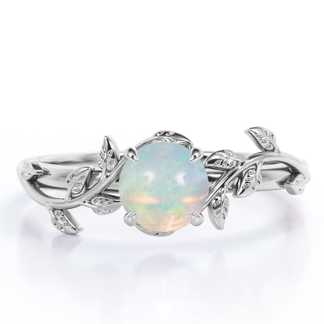 JeenMata Anillo de Compromiso Solitario de Cuatro Puntas con Diseño Botánico de Ópalo Australiano Redondo de 0,5 Quilates Chapado en Oro Blanco de 18 K sobre Plata