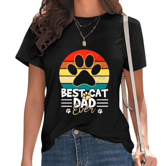 Black Best Cat Dad Ever Retro Sunset Cat Paw Print Tshirt Graphic Tees Shirts Cat Dad Pet Lover Casual Short Sleeve Tops S-5XL