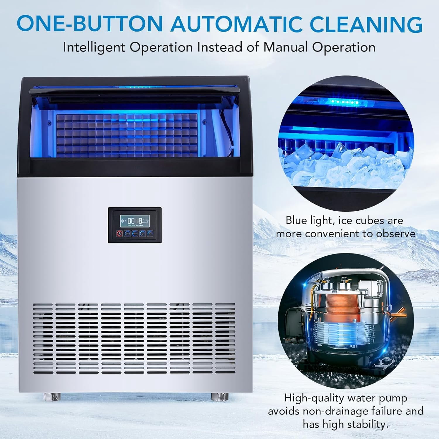 Litake Commercial Ice Makers Countertop, 120Lbs/24H Stainless Steel Ice Cube Maker Machine with Self Cleaning, for Home Kitchen Office Restaurant Bar, with Water Filter, Scoops, Drain Pipe