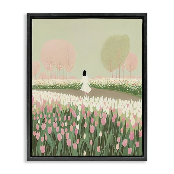 Stupell Industries Walking in Tulip Meadow Landscape Painting Black Floater Framed Art Print Wall Art, 17 x 21