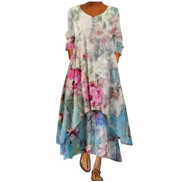 PVCS Femmes Mode Boutons Imprimé Floral en Vrac à Manches Longues Casual Maxi Robe