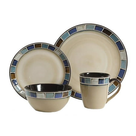 Cream 16 Piece Dinnerware Set - Gibson Elite 114339.16R Casa Azul 16 Piece Reactive Glaze Dinnerware Set, Cream and Blue