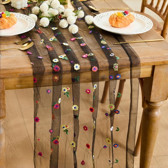 Table Runner Embroidery Daisy Spring Summer Floral Decorations Seasonal Tulle Dining Table Runners for Home Kitchen Decor Easter Wedding Shower Party