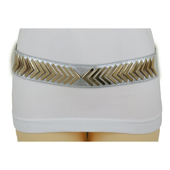 Women Silver Faux Leather Elastic Band Belt Gold Metal Arrows S M