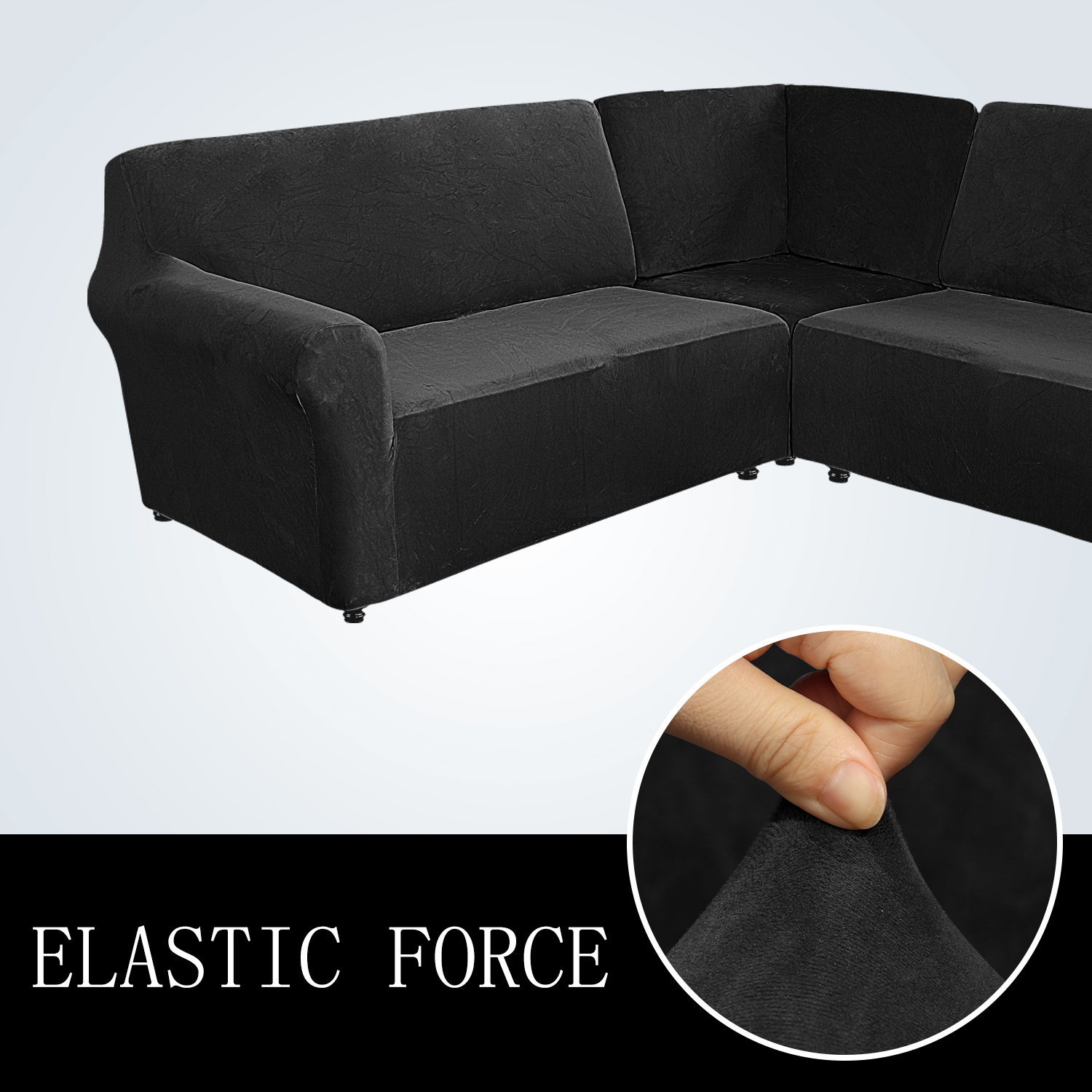 Eurhowing 7-Seater L-Shaped Sofa Cover, Stretch Velvet Soft Couch Slipcover for Sectional Corner Sofa, Non-Slip Furniture Protector, Black