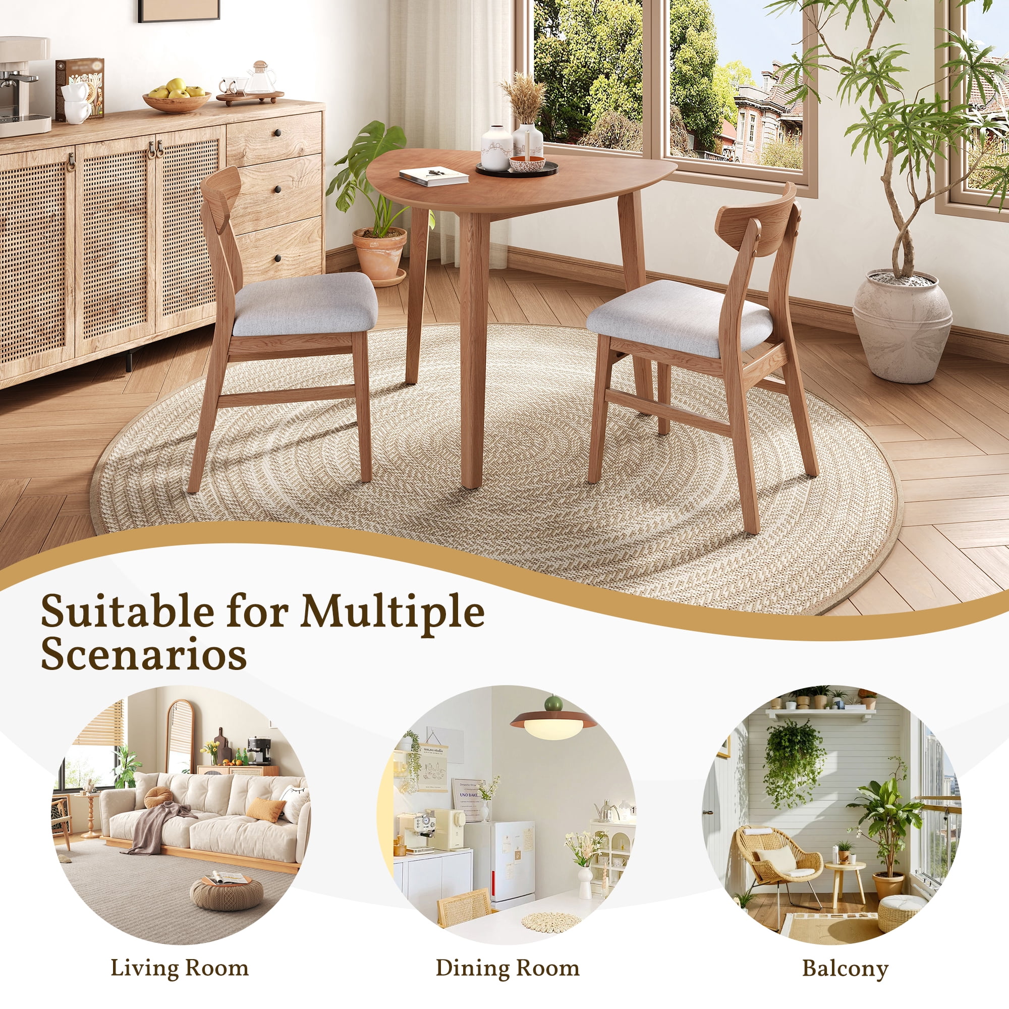 GARITIN 3-Piece Modern Table Set, Triangular Side Table & 2 Curved Wood Chairs, Minimalist Space-Saving Dining Set for Living Room Kitchen Small Space, Light Brown