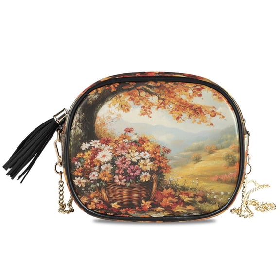 Womens Casual Chain Shoulder Bag Simple style Basket Of Flowers under Tree Crossbody Bag