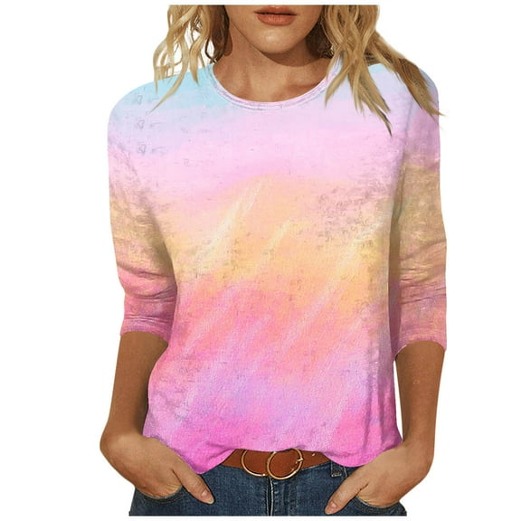 3/4 Sleeve Tops for Women Summer Sale Fashion Women's Casual Print Round Neck 3/4 Sleeve T-Shirt Blouse