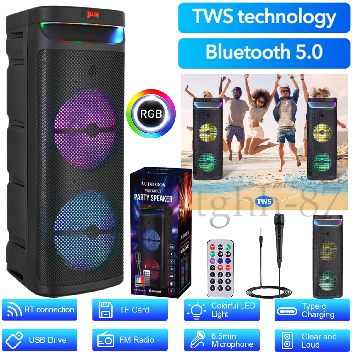 Lohoms Dual 10" Portable Wireless Bluetooth Party Speaker Heavy Bass Sound System Subwoofer w/ Mic