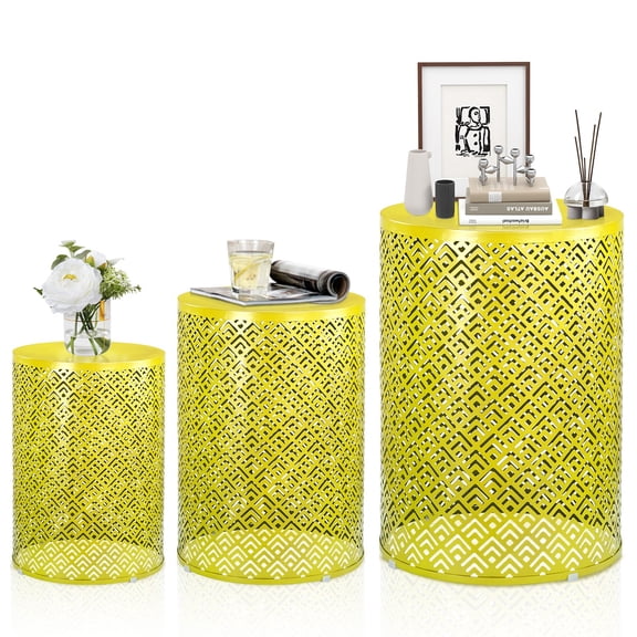Zimtown 3-Piece Interlocking Garden Table Set - Circular Steel Frame for Indoor/Outdoor Use in 12/14/16 Inch, Yellow