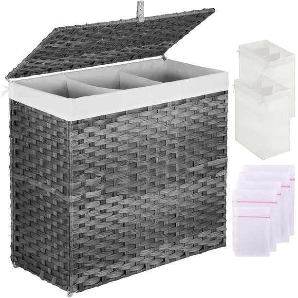 Laundry Hamper with Lid, 125L Large 3 Sections Clothes Hamper with 2