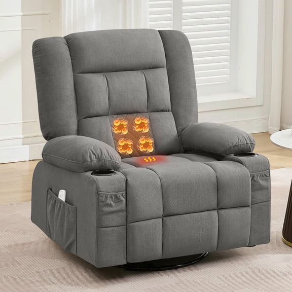 Kadyn Reclining Chair with 4-Point 3D Kneading Massage and Heat, Adjustable Recliner Seat with Rocking Function, 2 Cup Holders and USB Charge Port for Living Room, Bedroom, Gray