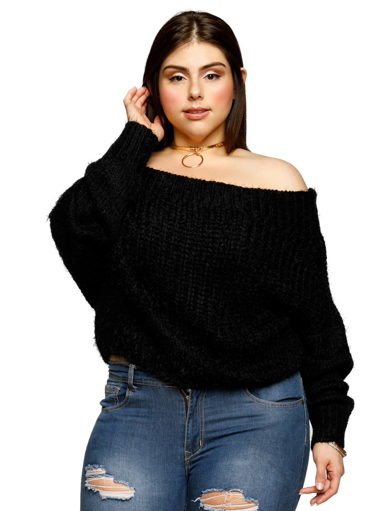 Xehar Women's Plus Size Off Shoulder Fuzzy Crop Top Long Sleeve Sweater ...