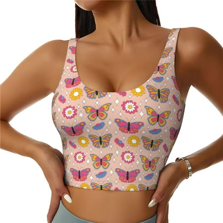 Qokaie colorful Butterfly Daisy Pattern Womens Scoop Neck Sports Bra Breathable Workout Vest Padded U Back Medium Impact Fitness Gym Yoga Bra Workout Crop Top-Medium