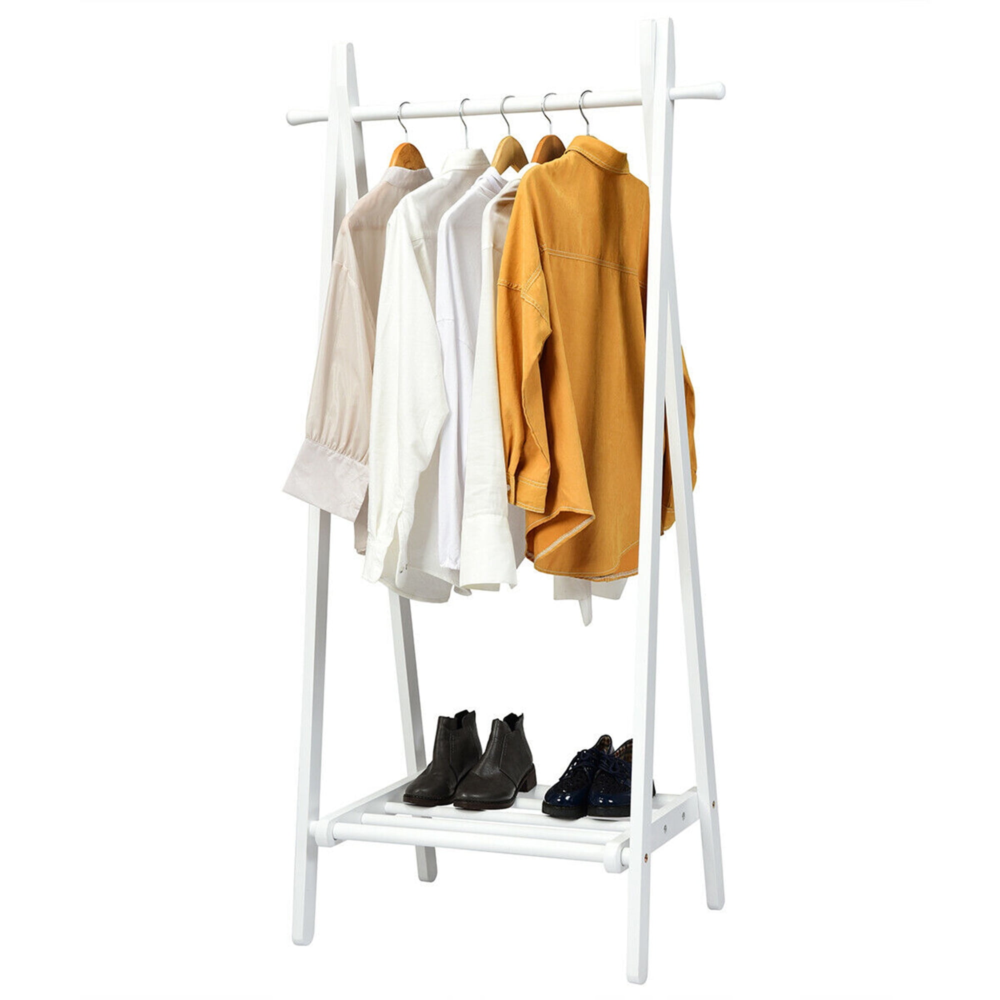 Gymax AFrame Wood Garment Rack Clothing Hanging Rack w/Storage Shelf